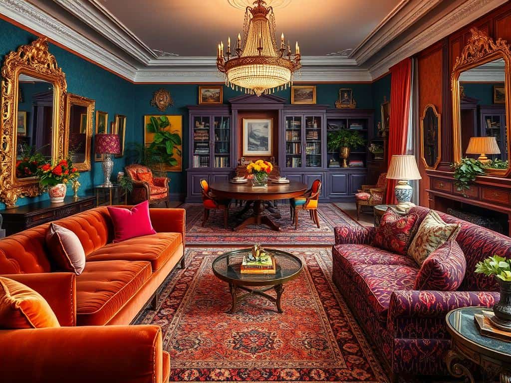 Maximalist interiors showing bold colors and eclectic styles