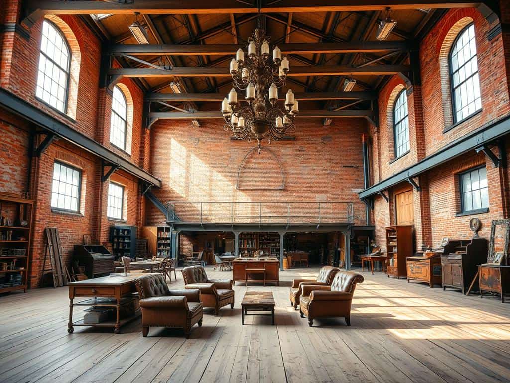 Key elements of industrial interiors with open spaces and vintage items