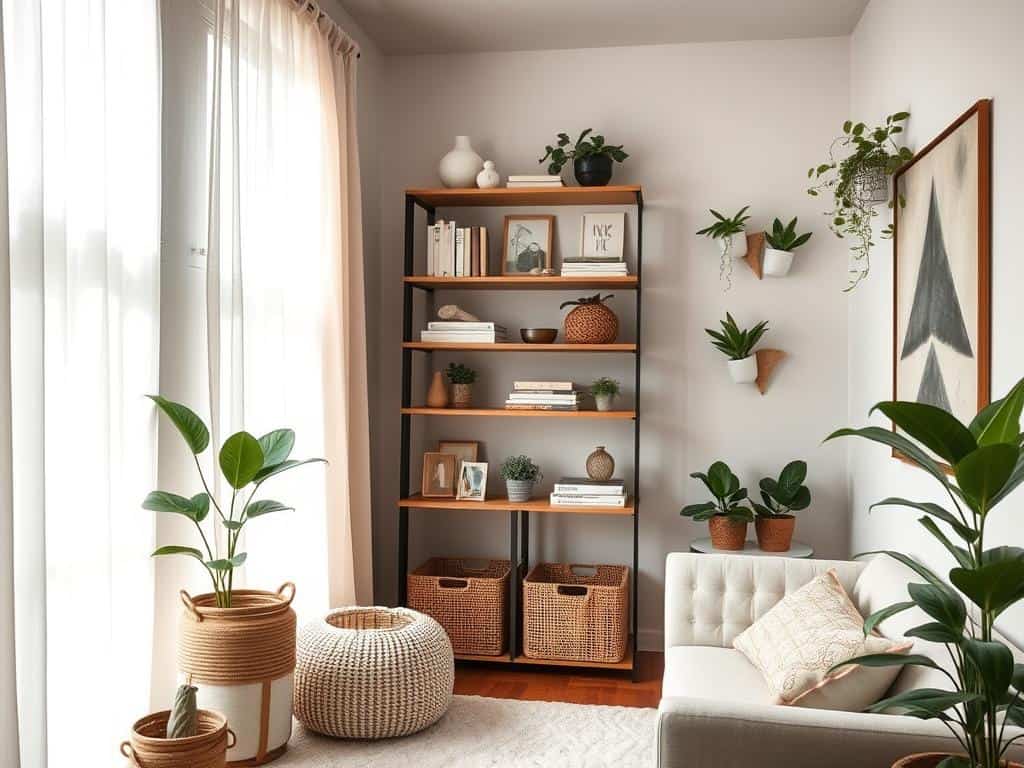 small spaces updates with open shelving and window treatments