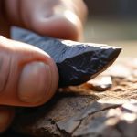 Lithic reduction conchoidal fracture on ancient stone.