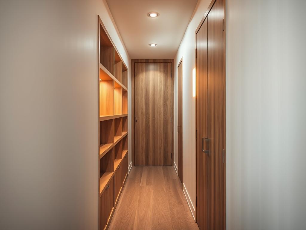 under-stairs storage and recessed shelving in narrow hallway
